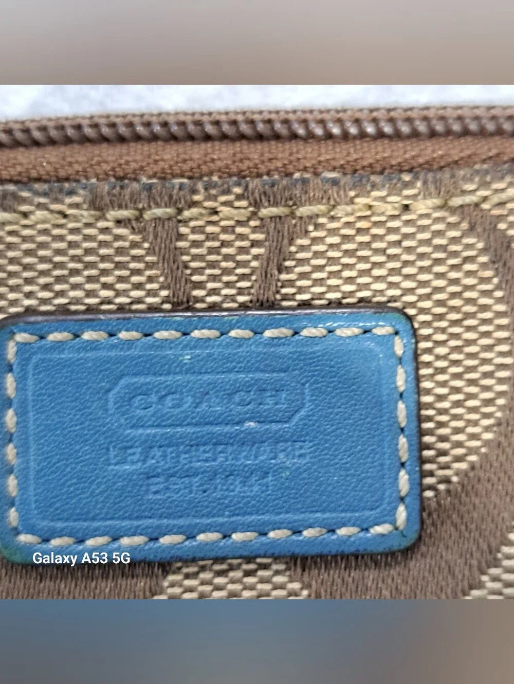 Coach Signature Canvas Wristlet in Brown with Teal Trim